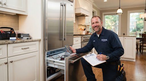 Potomac Appliance Repair master technician diagnosing high-end stainless steel refrigerator