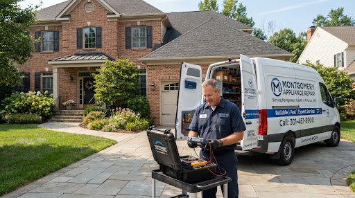 Potomac Appliance Repair service van parked in upscale residential driveway