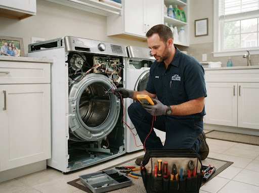Certified appliance technician diagnosing washer electrical system